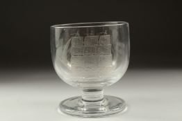A CIRCULAR GOBLET etched with a three mast clipper. 4ins high.