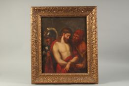19th century French School. Christ in a Crown of Thorns being unbound, oil on board, decorative gilt