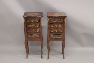 A GOOD PAIR OF LOUIS XVITH DESIGN BEDSIDE TABLES fitted with four drawers on curving legs. 1ft