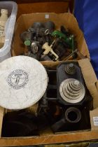Old weighing scales, flat irons, collection of cast iron mincers etc.