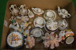 Porcelain pin dollies and other collectable miniature china to include a Coalport Ming Rose