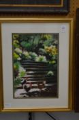 A study of chickens in a garden with stone steps, oil, signed with initials.