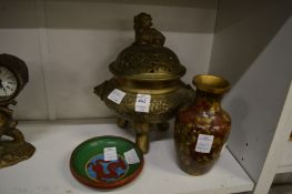 A Japanese bronze censer and cover together with a cloisonne vase and small dish.