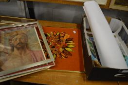 Various unframed pictures, pair of picture frames, a wool work picture and two prints.