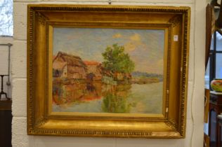 Kronenberg, rural river landscape with buildings and trees, oil on canvas, signed, in a large