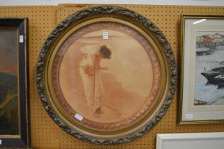 A female figure looking at a shell on the seashore, sepia tone print, circular, in a decorative