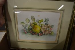 Elisabeth Salten, still life of a pear and flower blossom, watercolour, signed together with another