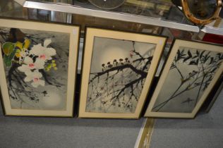Japanese school, birds on a branch, watercolour, a pair, together with another similar.