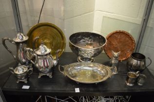 A good large Art Nouveau silver plated pedestal fruit bowl, a plated fox head stirrup cup and