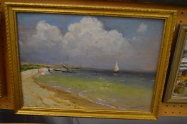 Russian School, figures and sailing boats by a sandy cove, oil on canvas.