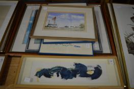A group of six various paintings and prints to include an abstract watercolour of fishing boats, two