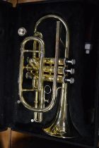 A cased trumpet.