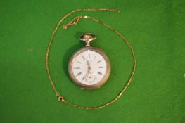 A Continental silver cased pocket watch and a yellow metal chain.