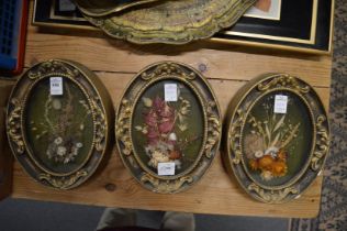 A set of three decoratively framed dried flower arrangements.