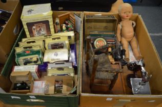 A miniature sewing machine, tin plate Simplex typewriter, boxed, model toy cars etc.