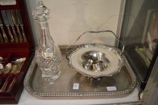 Plated tray, napkin rings, cut glass decanter etc.