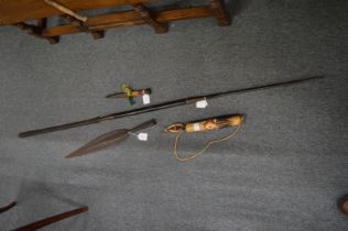 An Asagai spear, spear head, wooden dagger and a quiver of arrows.