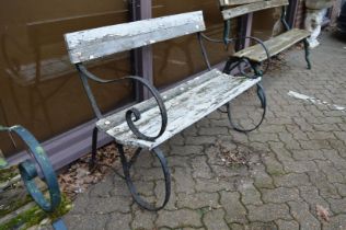 A metal and wooden slatted garden bench.