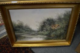 June Pitfield, Two decorative oil paintings depicting wooded river landscapes together with a large