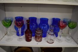 Colourful hock glasses and Continental engraved bottle vases etc.