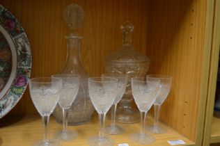 Cut glass ware to include pedestal vase and cover, decanter and six matching glasses.
