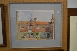 Watercolour of a building in a courtyard.