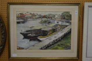 Boats on a river, bridge in the distance, watercolour.