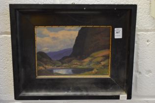 Mountainous river landscape, oil on board in an ebonised frame.
