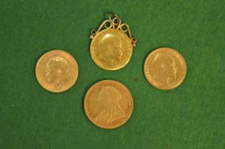 A Victorian sovereign 1894, two Edward VII half sovereign's 1905 & 1910, one with mount and a George