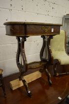 A French parquetry inlaid work table with lyre-end support (faults).