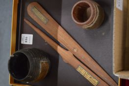 Two wooden letter openers made from the teak from HMS Iron Duke and two similar items.