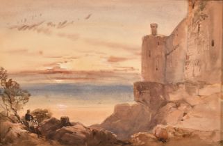 Attributed to David Hall McKewan (1817-1873), figures by a castle admiring a sunset, watercolour, 8"