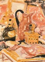 Rose Domb (20th Century), a still life study of mixed objects on a table top, watercolour, signed