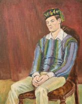 R. Harland, (20th Century), a portrait of a seated gentleman in a hat, oil on canvas, signed