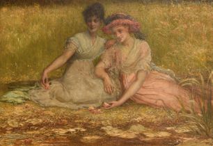 Francis Walker (1848-1916) Irish, elegant young females with roses seated on a riverbank, oil on