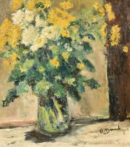 Rose Domb (20th Century), a still life of yellow and white flowers in a glass vase, oil on canvas,