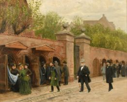 Late 19th Century French School, elegant figures with street traders, oil on canvas, indistinctly