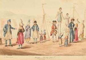 English School, Circa 1821, scenes of everyday life in Paris society and one of Dieppe, watercolour,