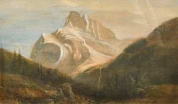 Attributed to Samuel Colman, a wooded mountain scene, possibly Emerald Peak, Canada, watercolour,