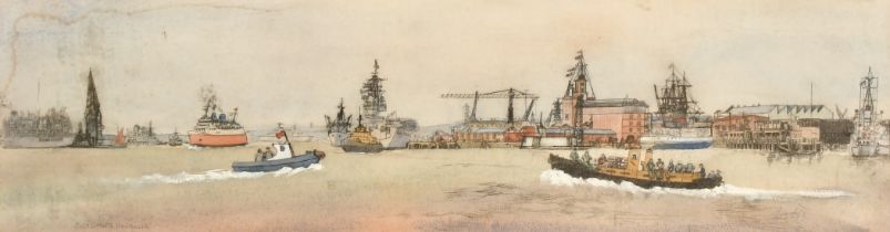 20th Century English School, a view of Portsmouth Harbour, watercolour and gouache possibly over a
