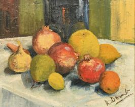 Rose Domb (20th Century), a still life of fruit and onions, oil on canvas, signed, 16" x 20" (40 x