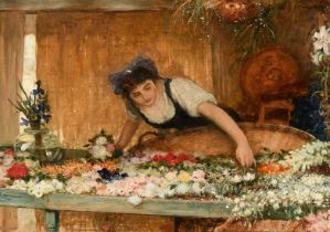 Rober Walker Macbeth (1848-1910), a young woman at a flower stall, oil on panel, signed with