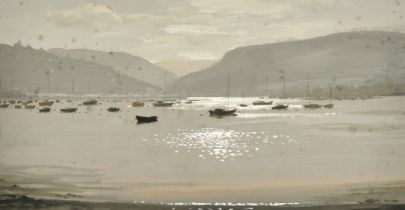 John Codner (1913-2008), boats moored in an inlet, gouache, signed in pencil, 7.5" x 13.5" (19 x