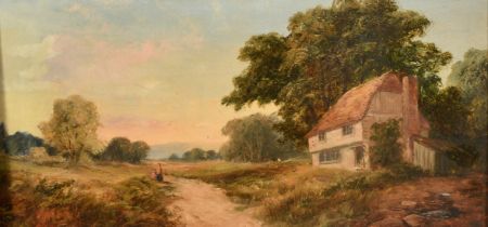 Circle of Henry Maidment, figures on a pathway by a cottage, oil on canvas, indistinctly signed with