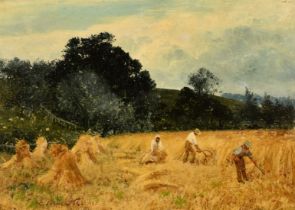 Late 19th Century, possibly American School, workers harvesting in a field, oil on canvas laid down,