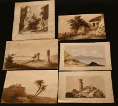 A collection of sixteen mostly sepia drawing views of Continental scenes, including some of Greece