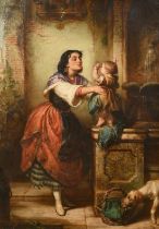 Alfred Fowler Patten (1829-1888), a mother and child beside a fountain with a mischievous dog in the