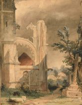 Circle of Samuel Prout, 19th Century, figures in a path by abbey ruins, watercolour, 9" x 7" (23 x