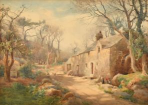 John Farquarson (1865-1931), 'Tressider Mill, Penbarth Valley', female figure by a watermill,