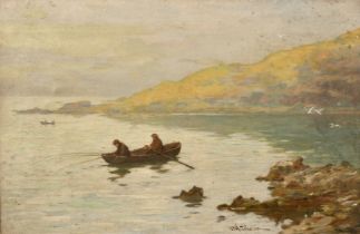 Walter Hutcheson (1869-1910), fishermen in a rowing boat in a bay, oil on canvas, signed, 14" x